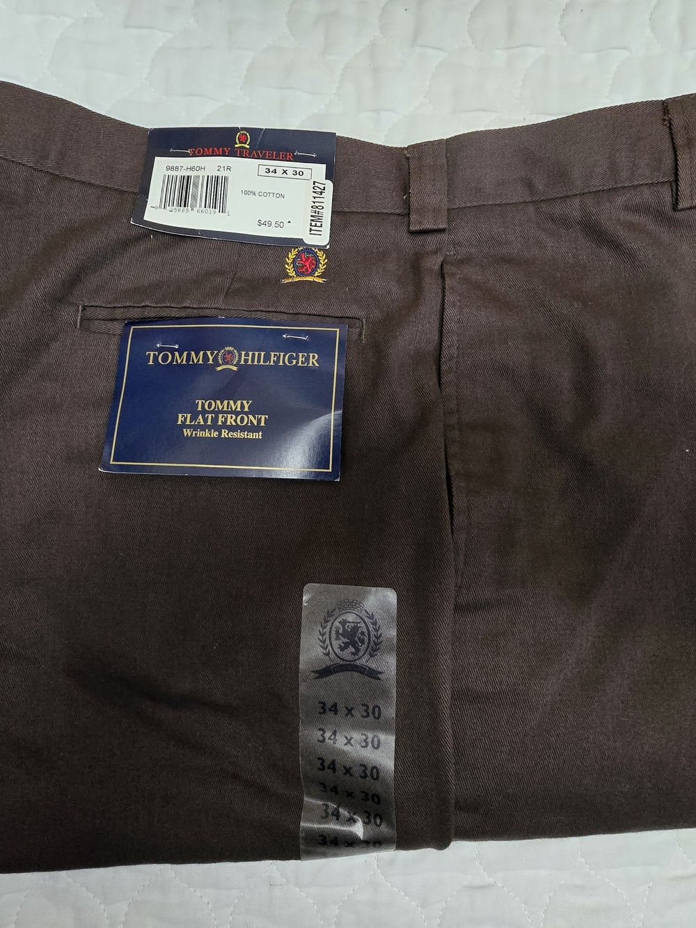 NWT Tommy Hilfiger Men's Flat Front Casual Chocolate Brown Cotton Pant 34X30.